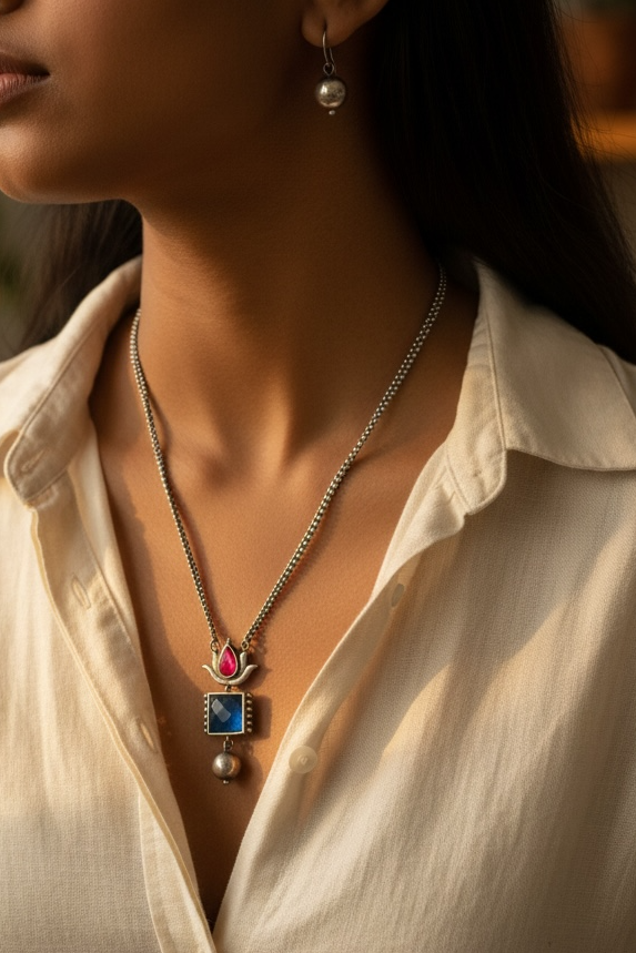 Dual Lotus Drop Necklace Set - Maroon and Mint