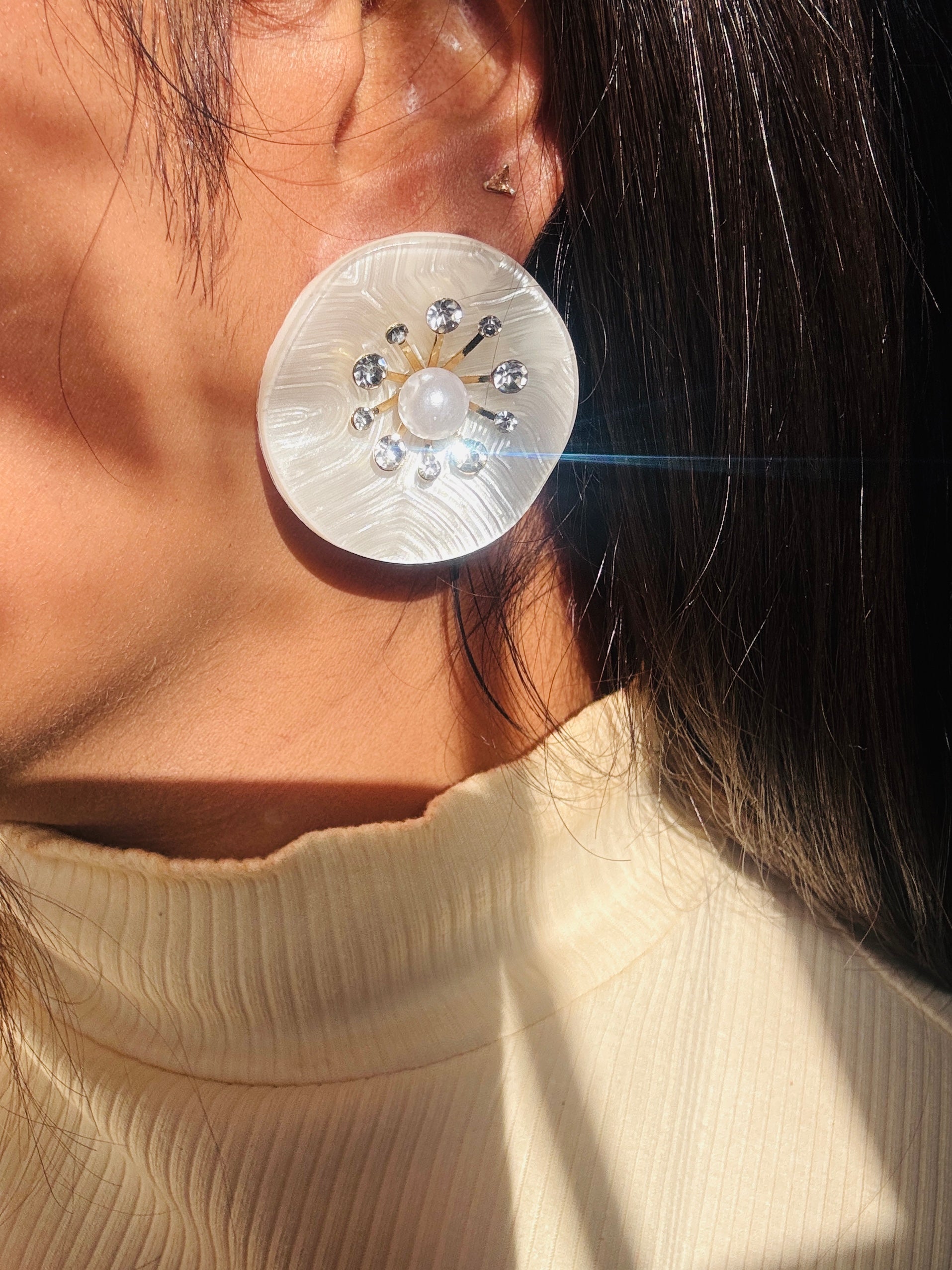 Pearl & Cubic Zirconia Disc Stud Earrings