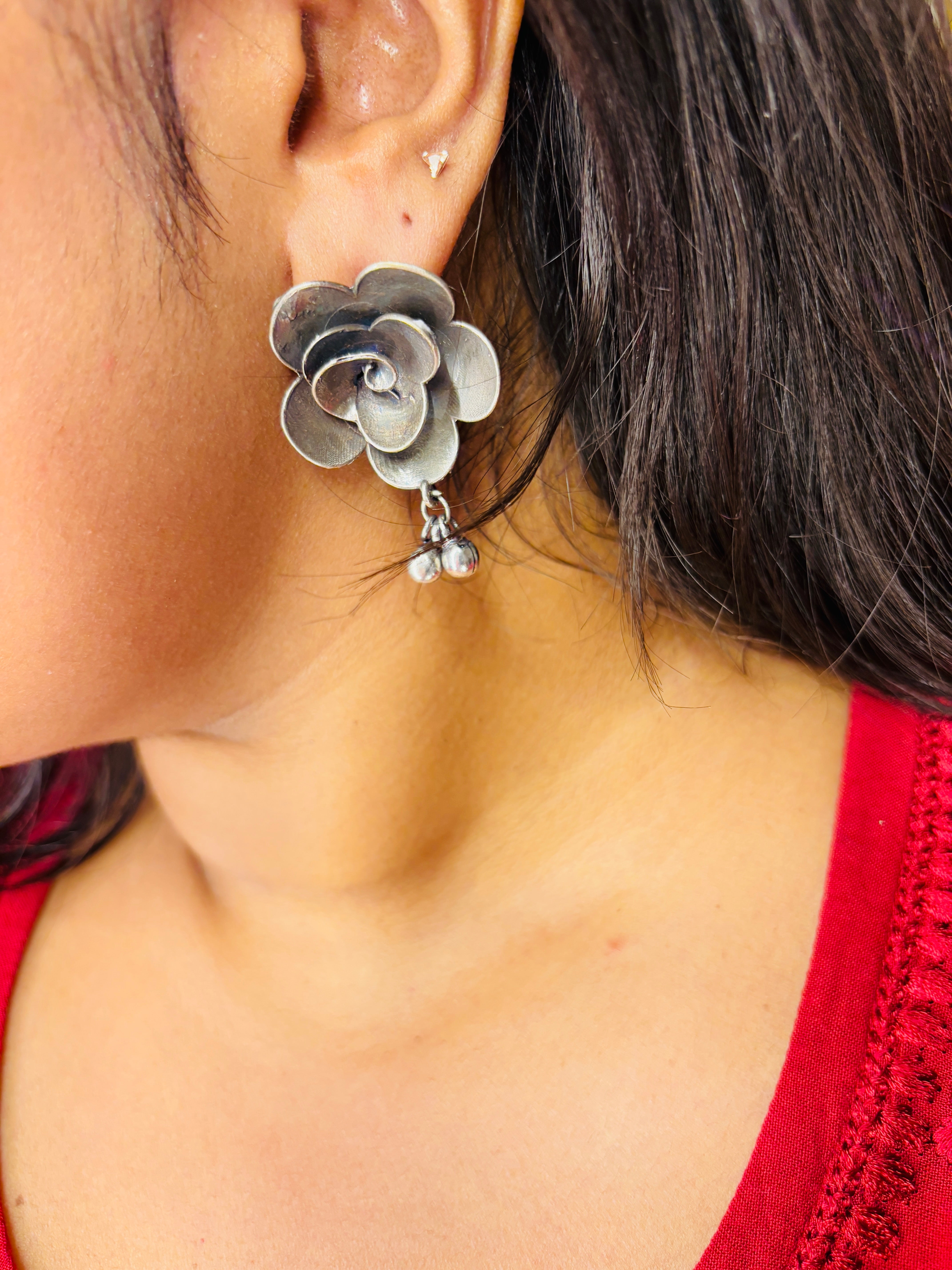Oxidized Rose Ghungroo Drop Earrings