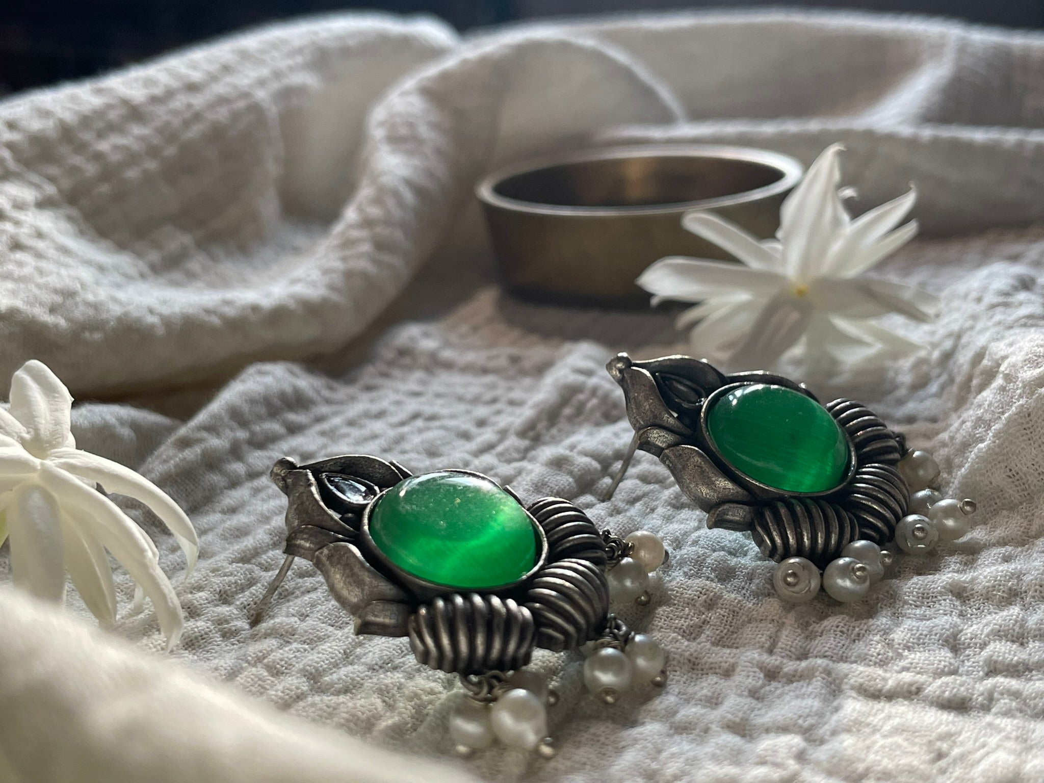Oxidized Lotus Bloom Stud Earrings