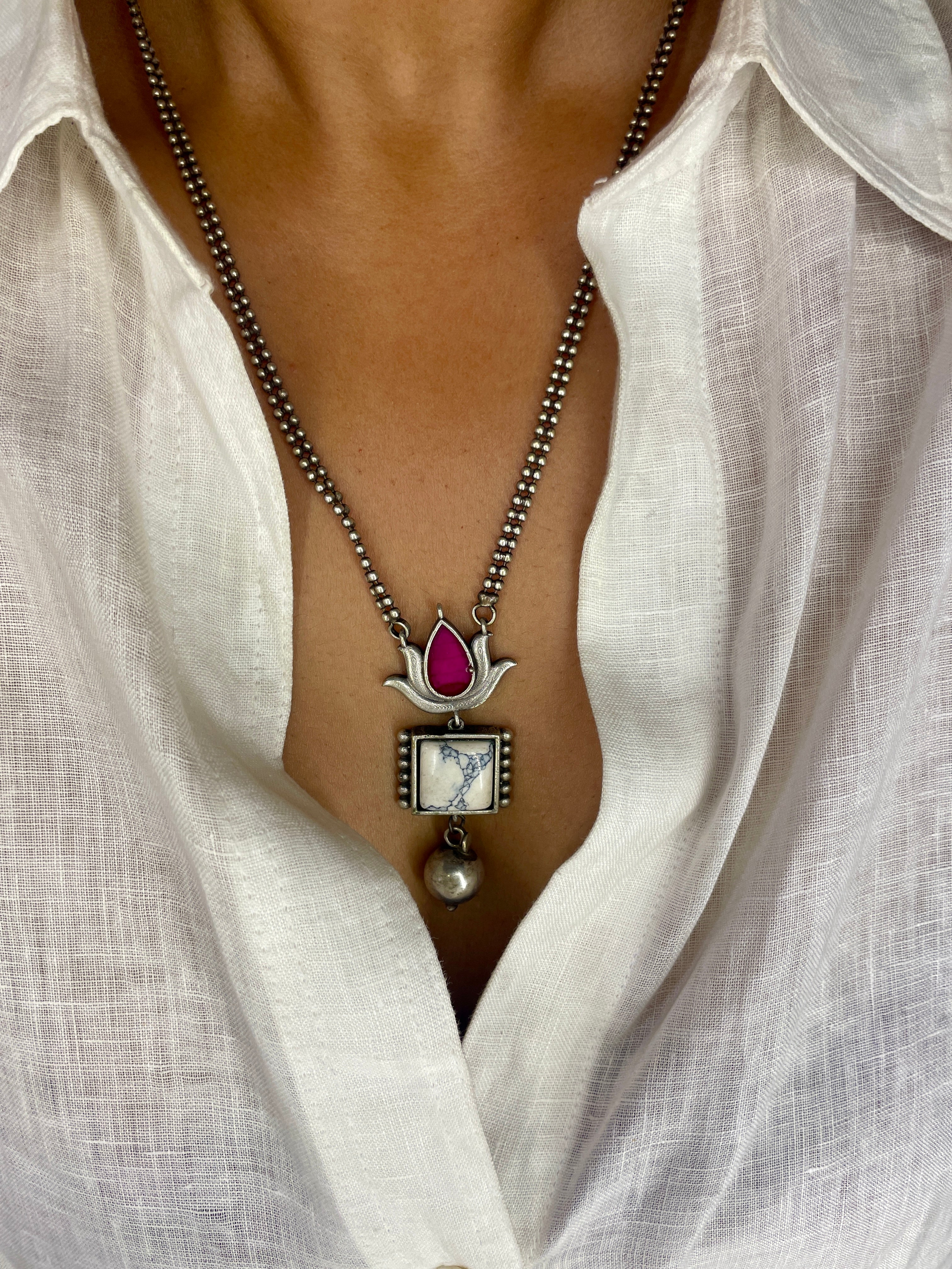 Dual Lotus Drop Necklace Set - Rani Pink & Ivory