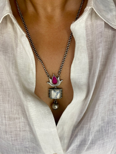 Dual Lotus Drop Necklace Set - Rani Pink & Ivory