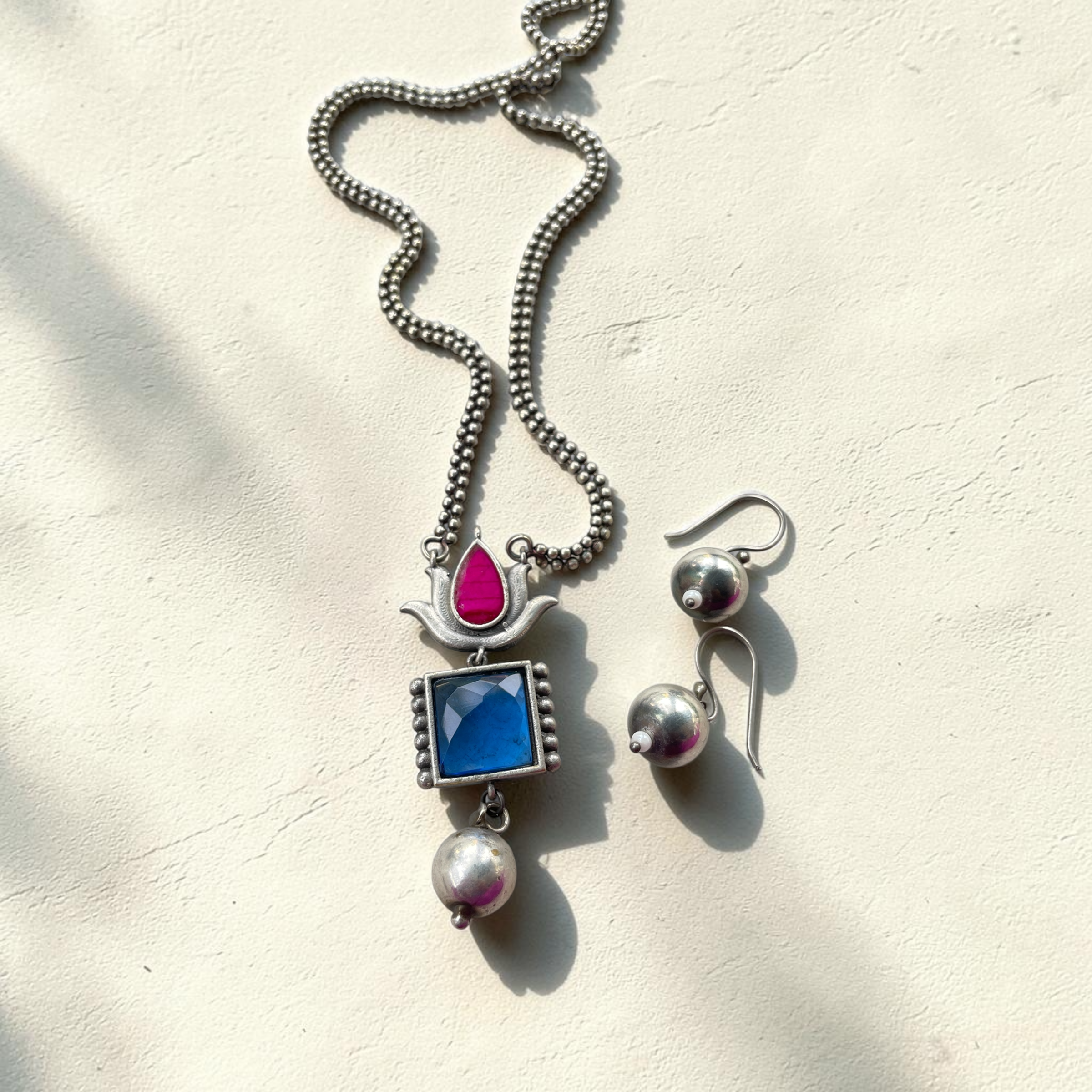 Dual Lotus Drop Necklace Set - Rani Pink & Aqua
