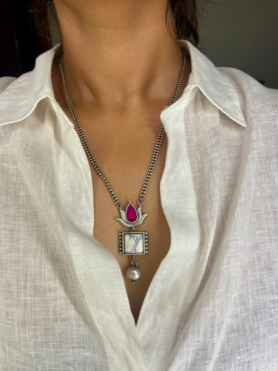 Dual Lotus Drop Necklace Set - Rani Pink & Ivory