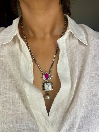 Dual Lotus Drop Necklace Set - Rani Pink & Ivory
