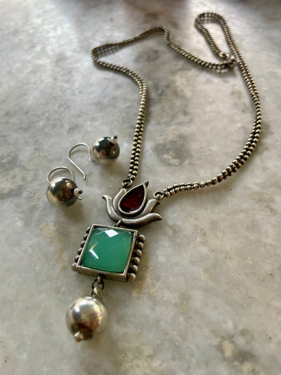 Dual Lotus Drop Necklace Set -  Maroon and Mint