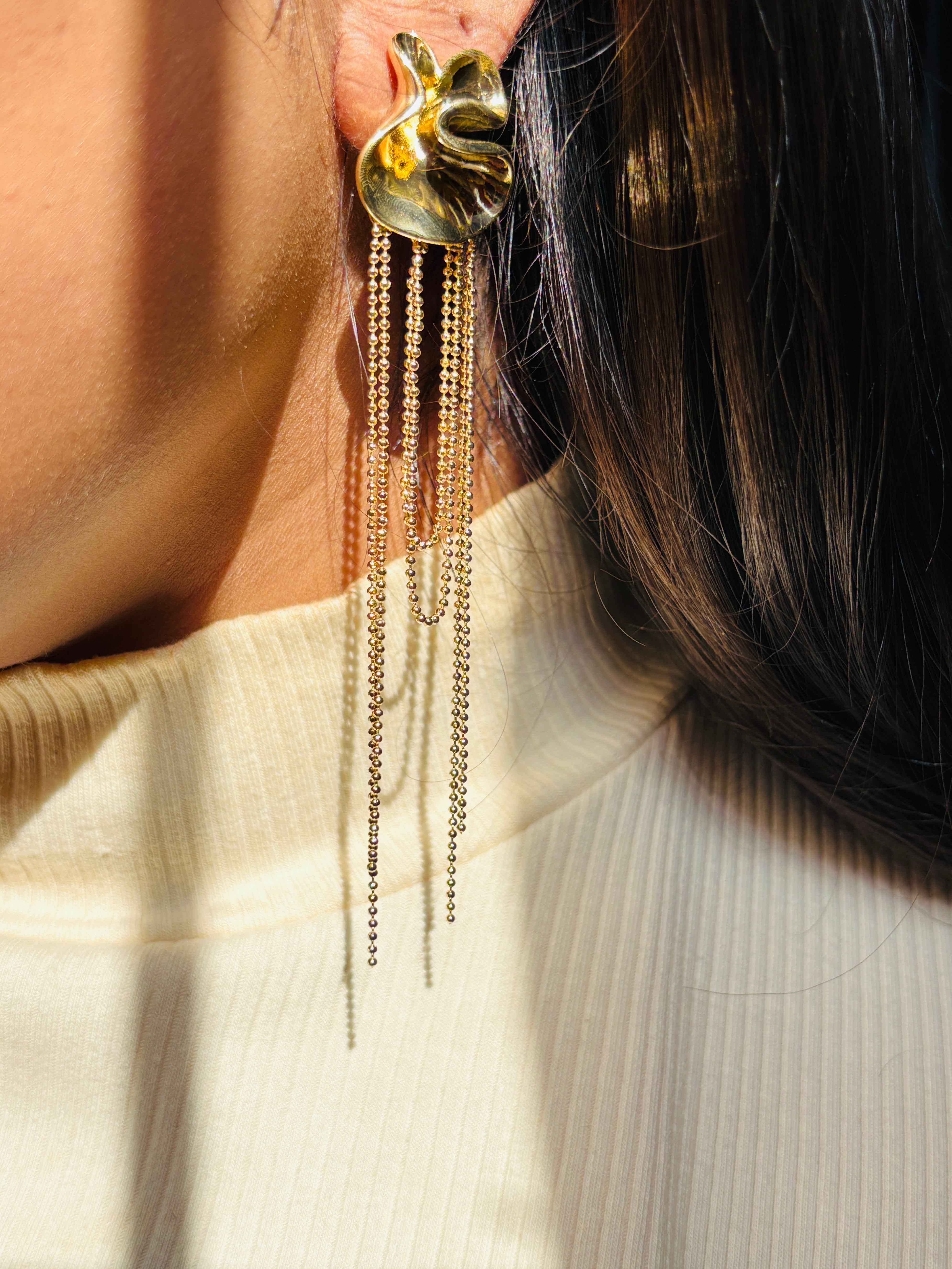 Metal Leaf and Tassel Dangler Earrings