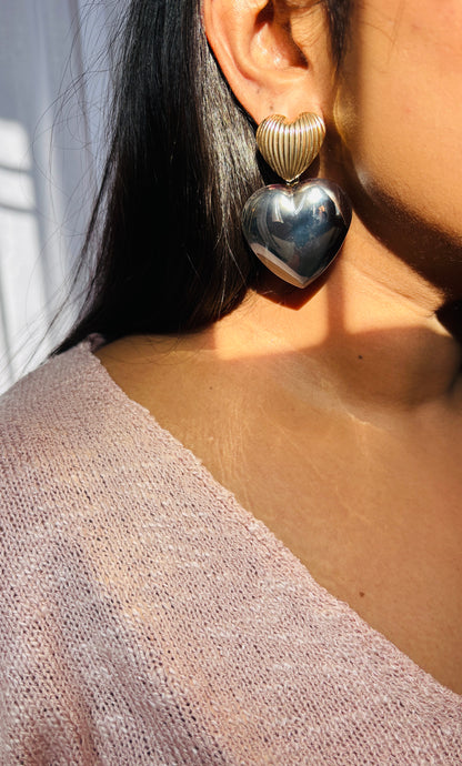 Dual Tone Heart Dangler Earrings