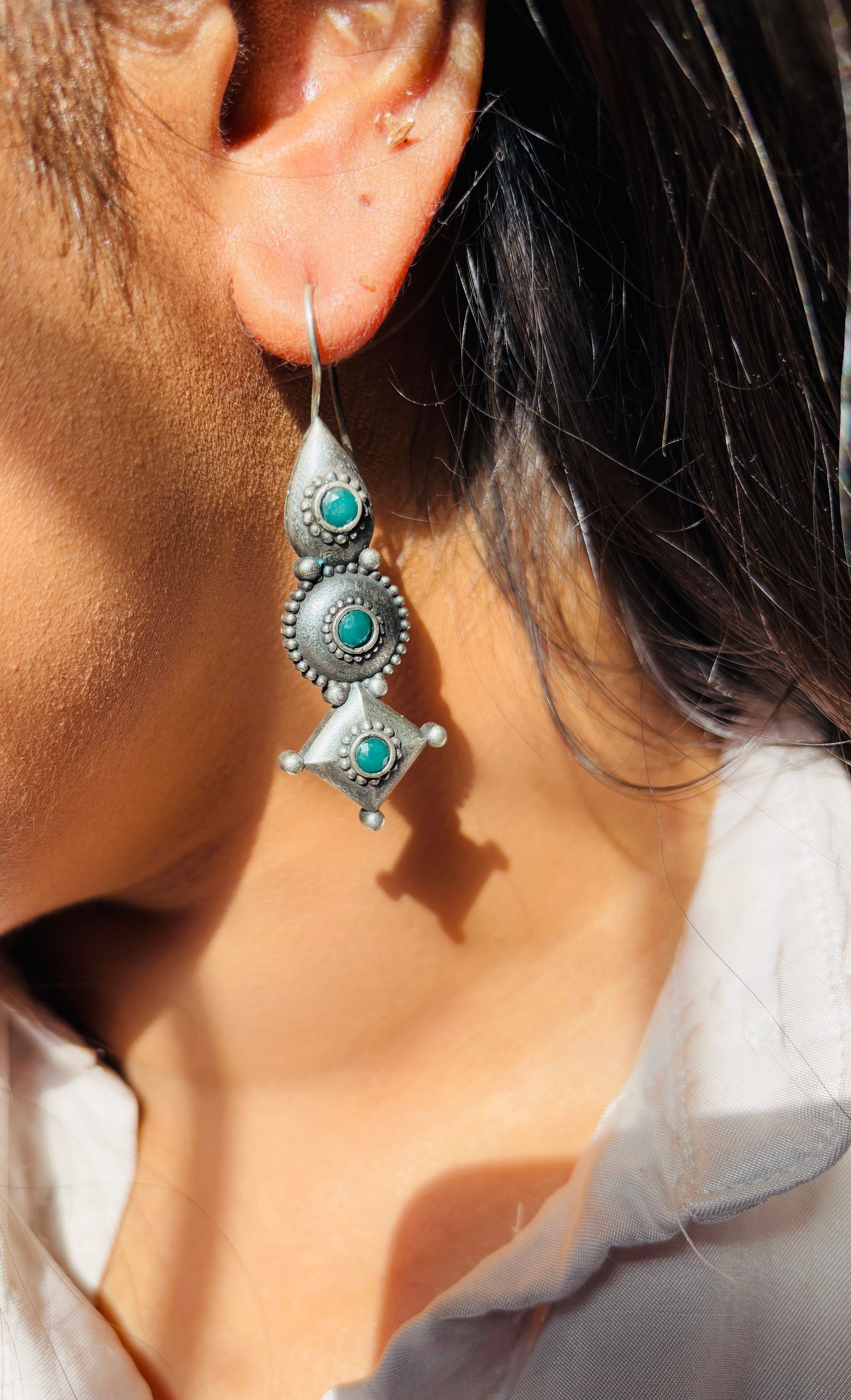 Oxidized Geometric Layered Dangler Earrings