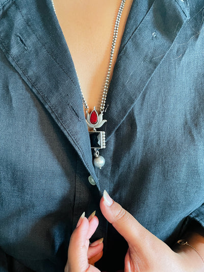 Dual Lotus Drop Necklace Set -  Maroon and Mint