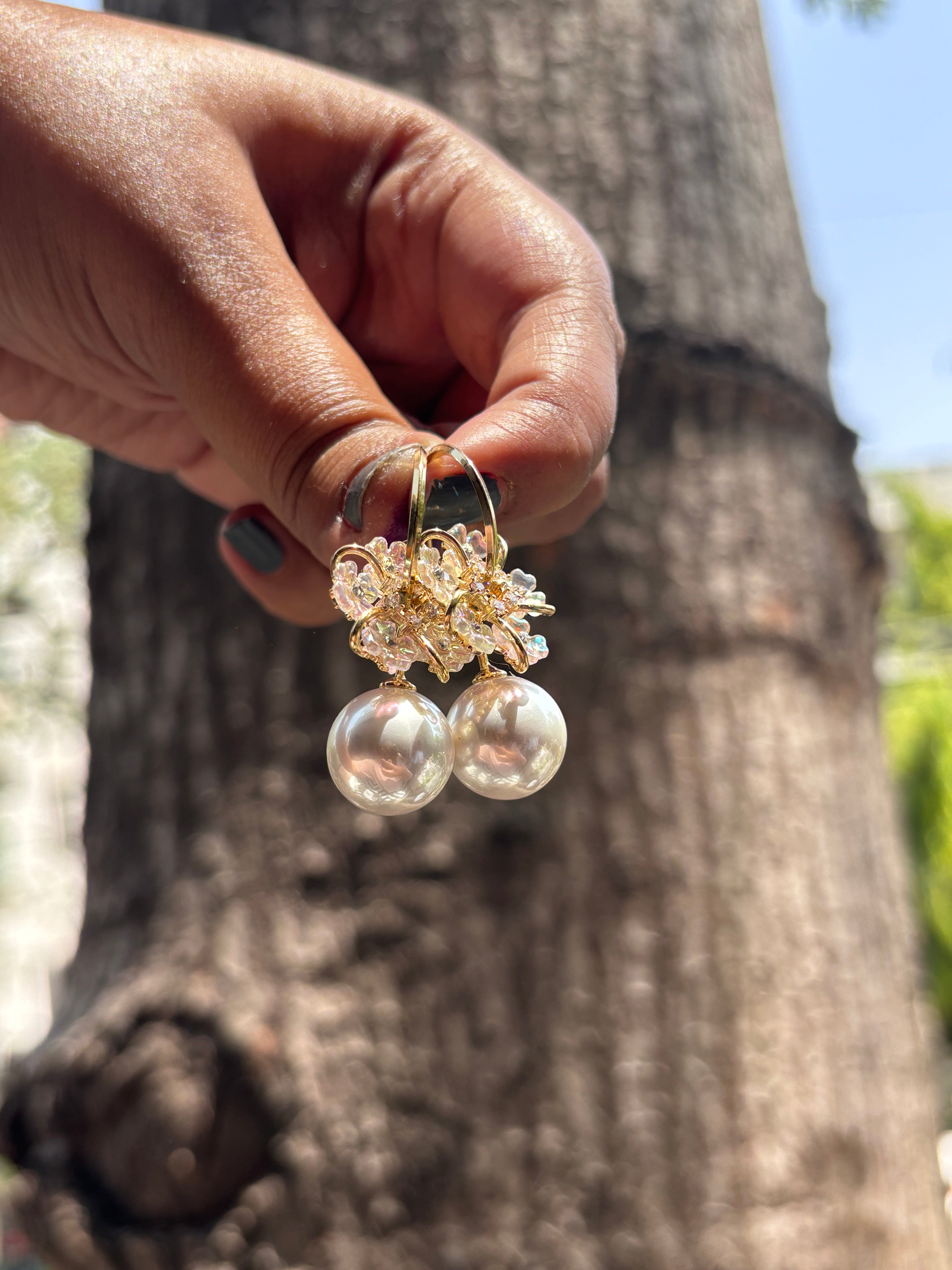 Paradise Flower and Pearl Hoop Earrings