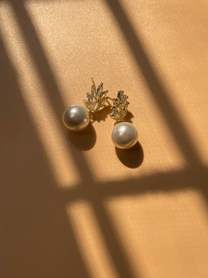 Crystal Leaf Pearl Drop Earrings