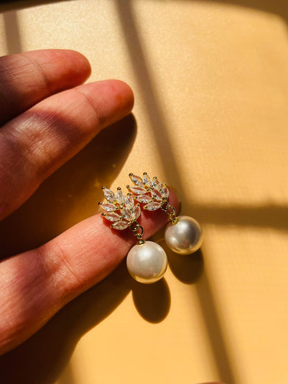 Crystal Leaf Pearl Drop Earrings