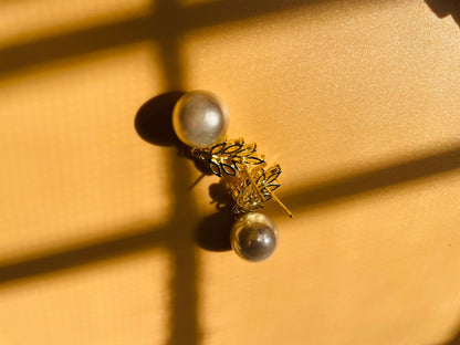 Crystal Leaf Pearl Drop Earrings