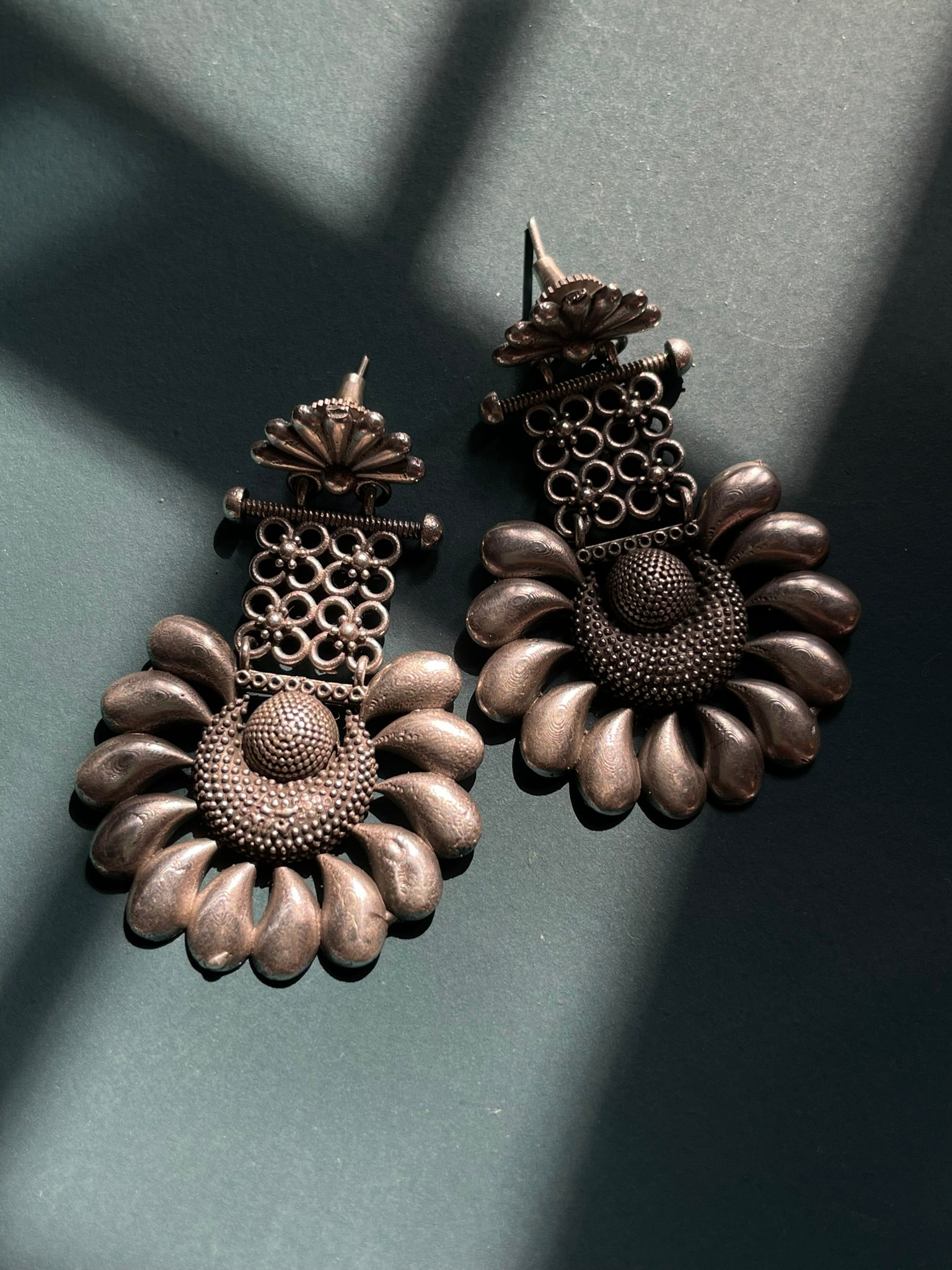 Oxidized Petal Bloom Dangler Earrings