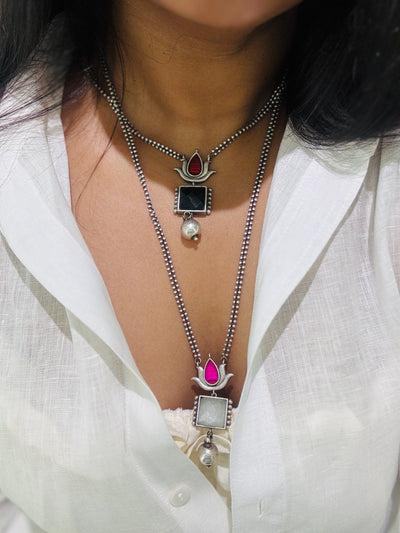 Dual Lotus Drop Necklace Set - Maroon & Black