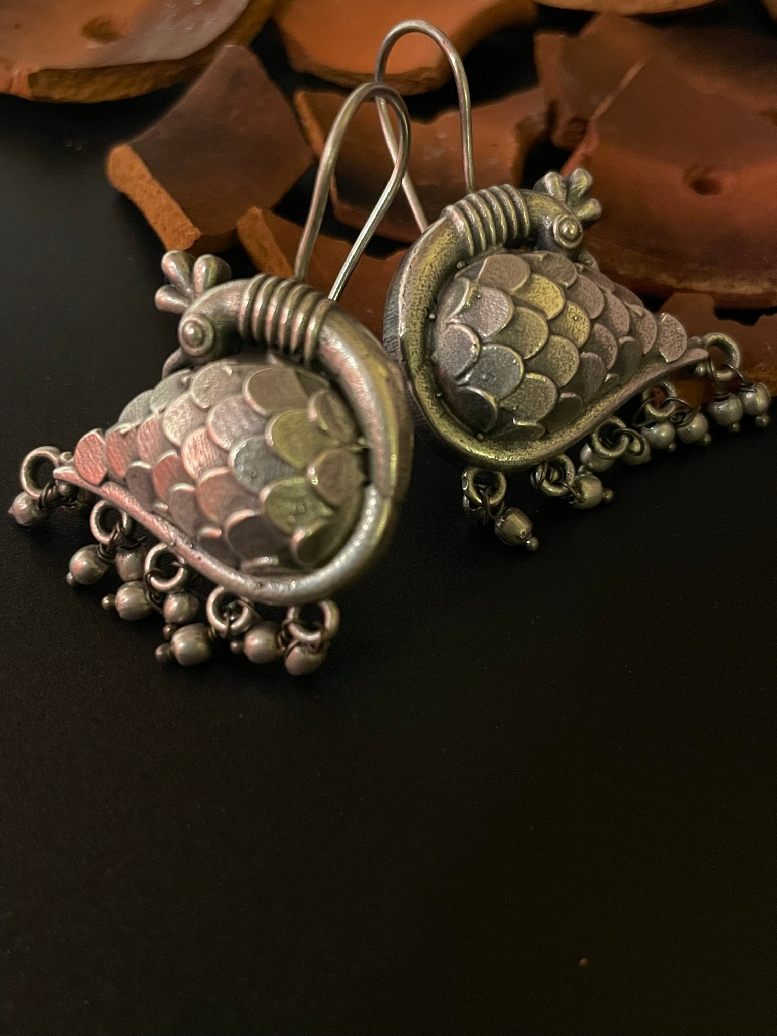 Oxidized Sitting Peacock Drop Earrings