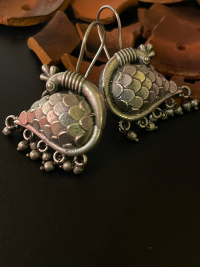 Oxidized Sitting Peacock Drop Earrings