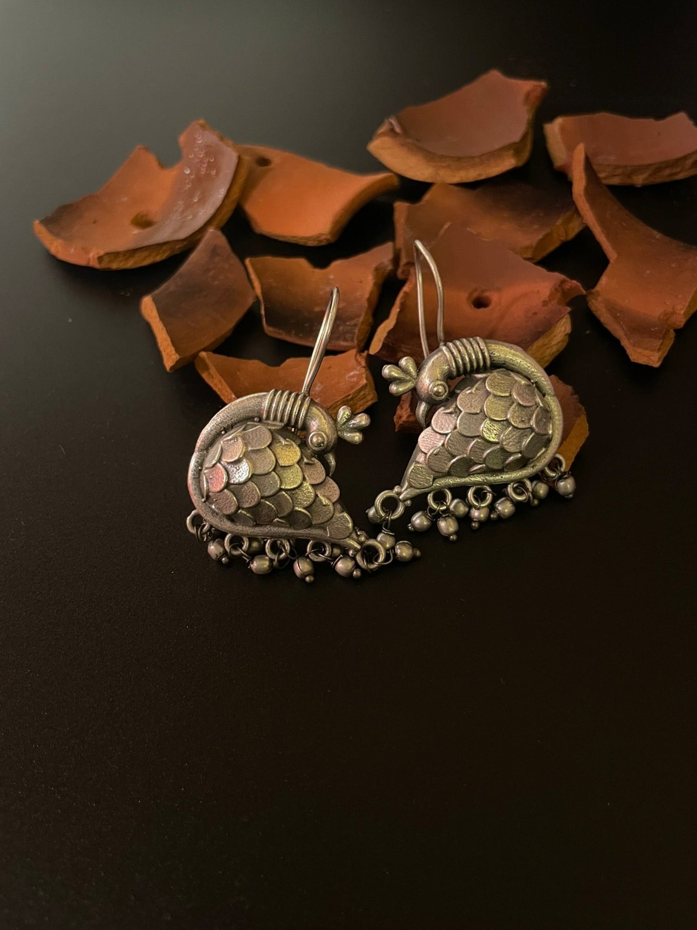Oxidized Sitting Peacock Drop Earrings