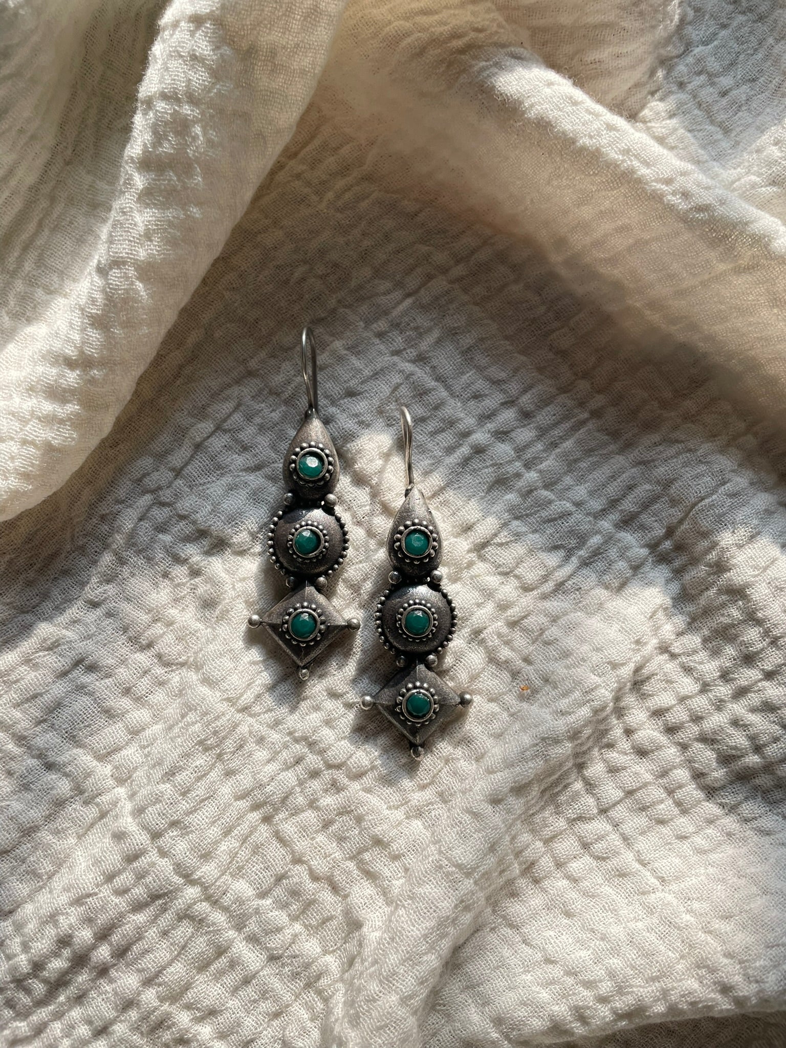 Oxidized Geometric Layered Dangler Earrings
