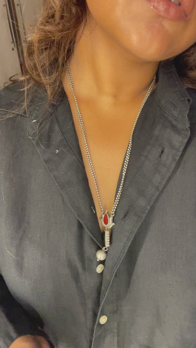 Dual Lotus Drop Necklace Set - Maroon & Black