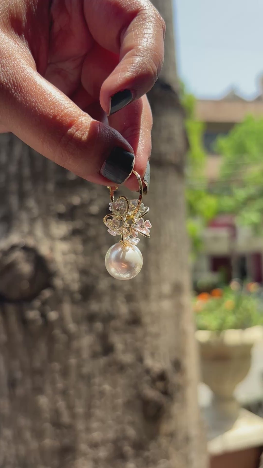 Paradise Flower and Pearl Hoop Earrings
