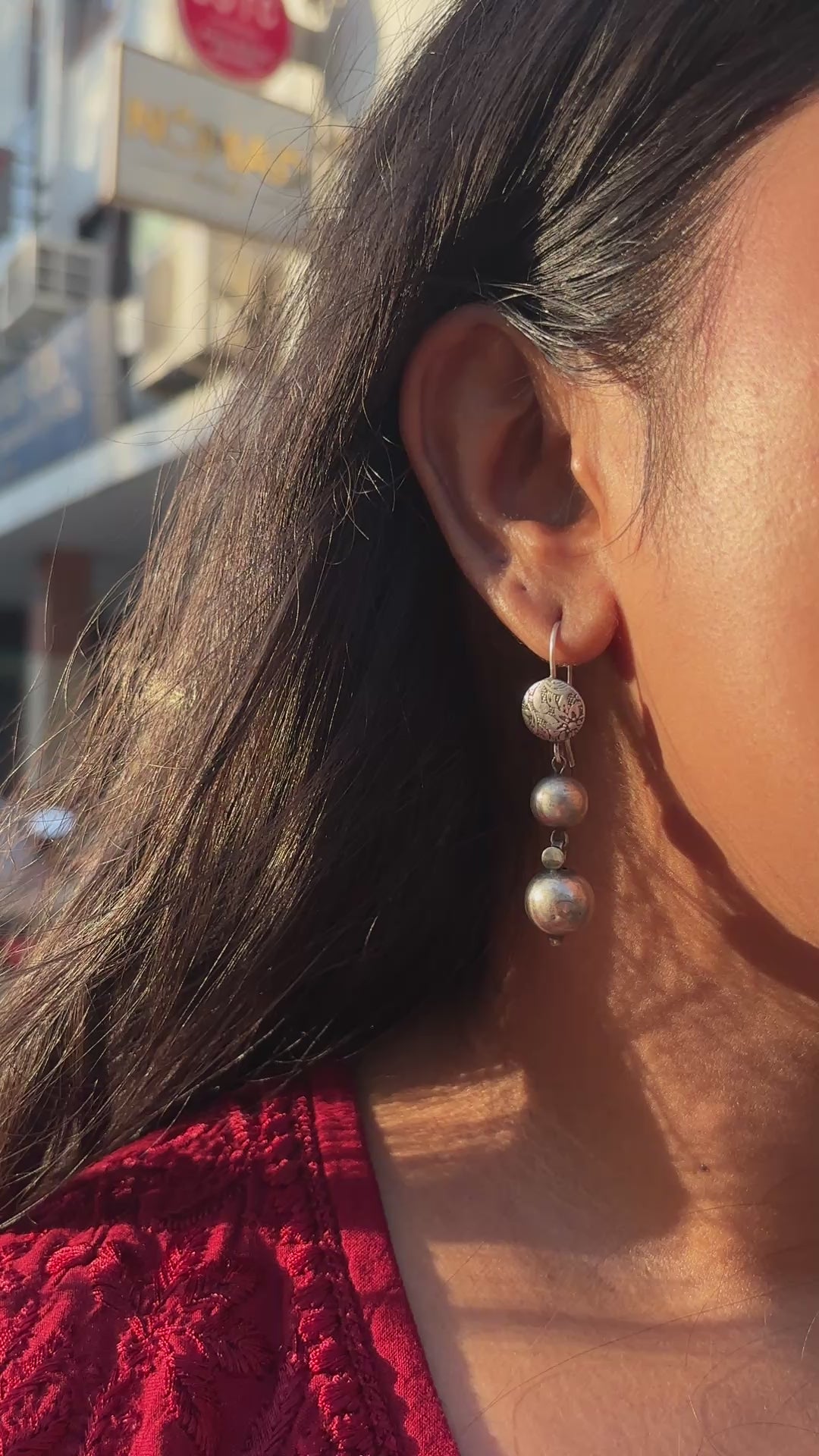 Load video: Oxidised Mandala Stacked Drop Earrings